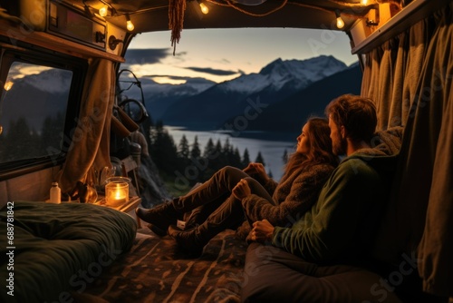 A young couple sleeping together in a camper van at dusk in the mountains