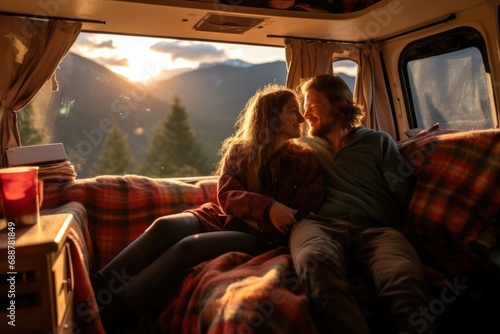 A couple in love in a camper van in the mountains at dawn