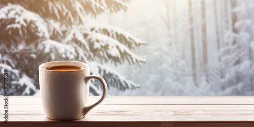  coffee cup on wooden table with snowy winter background
