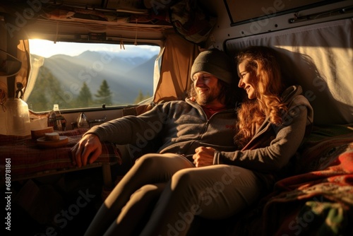 A happy young couple living in a camper van in the mountains © Oscar