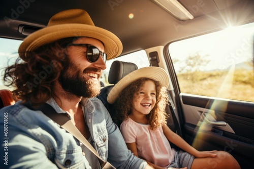 Portrait of a father and his daughter smiling on a family road trip