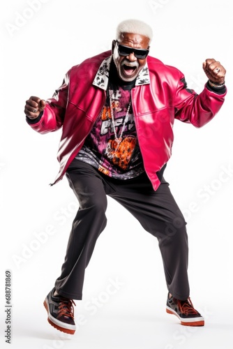 Stylish black older man in modern rapper clothes dancing energetically on a white background