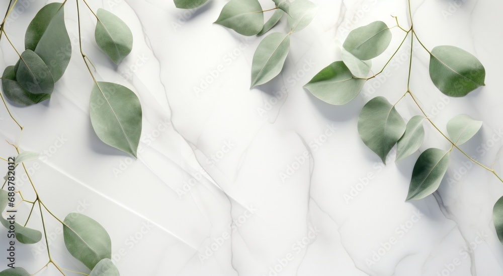 eucalyptus leaves background on white marble, eucalyptus leaves background on white marble,