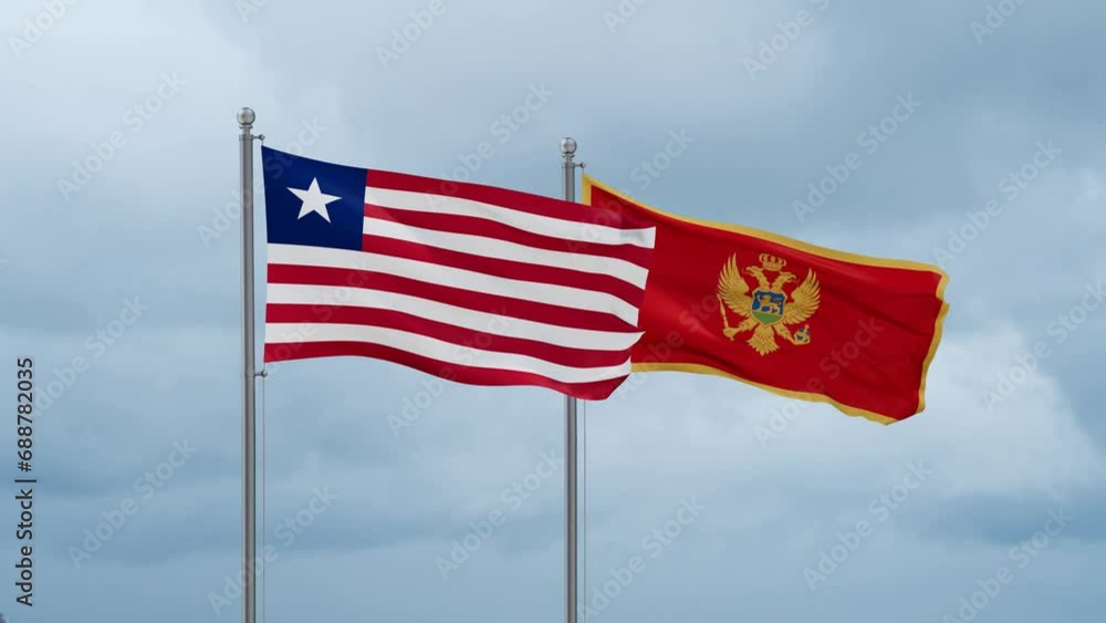 Montenegro and Liberia flag waving together on cloudy sky, endless seamless loop, two country cooperation concept Montenegro and Liberia flag waving together on cloudy sky, endless seamless loop, two country cooperation concept