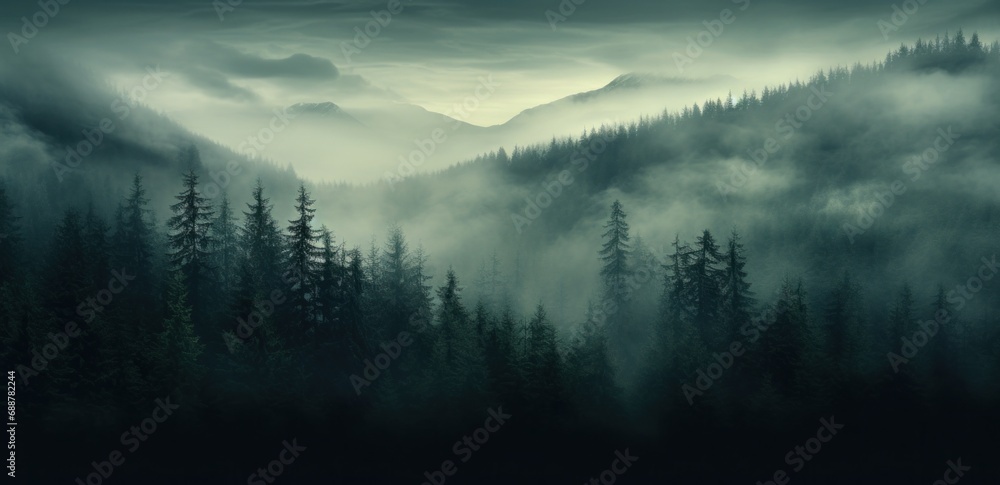 Obraz premium fog covers a mountain in a forest,