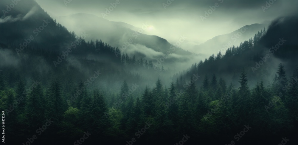 fog covers a mountain in a forest,