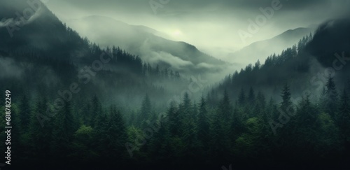 fog covers a mountain in a forest,