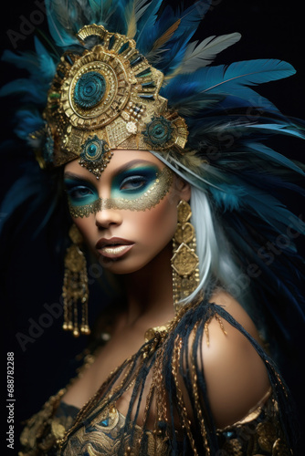 A white blond woman transformed into a stunning embodiment of fantasy art, feathers and beutiful golden jewellery