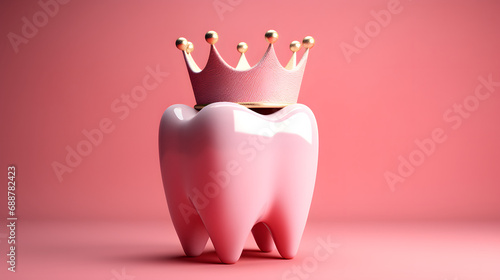Healthy white tooth with a crown on pink background  photo