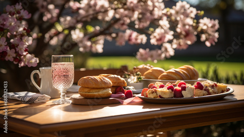 Springtime Picnic  Images of a cozy picnic setup amidst a blossoming orchard  complete with floral arrangements and spring-themed treats.