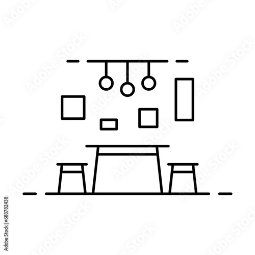 Table and chairs icon. Decor, interior. Black contour linear silhouette. Editable strokes. Front side view. Vector simple flat graphic illustration. Isolated object on a white background. Isolate.