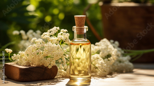bottle, jar with yarrow essential oil extract photo