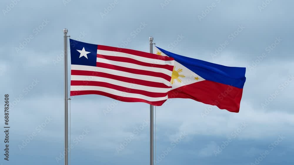 Philippines and Liberia flag waving together on cloudy sky, endless seamless loop, two country cooperation concept Philippines and Liberia flag waving together on cloudy sky, endless seamless loop, two country cooperation concept