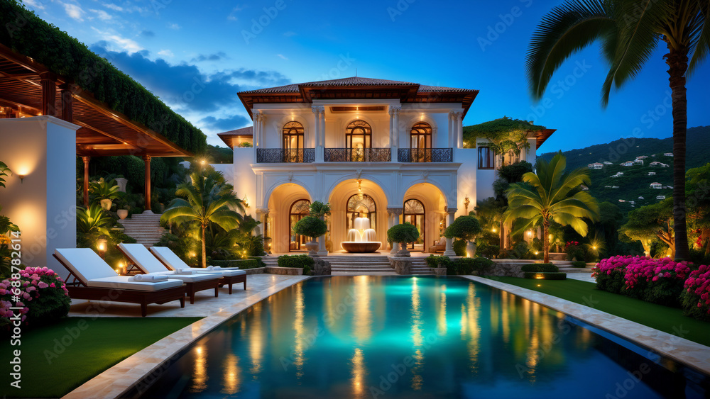 Tropical palm tree, architecture, water, reflection,  Ultra Luxury Garden Furniture, Extraordinarily stylishly designed pool and garden with waterfall, beautifully designed garden in luxury, authentic