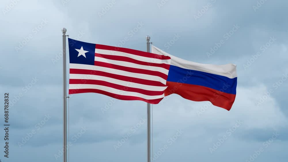 Russian Federation and Liberia flag waving together on cloudy sky, endless seamless loop Russian Federation and Liberia flag waving together on cloudy sky, endless seamless loop
