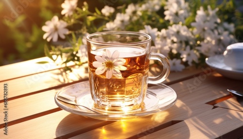 glass tea with flowers on wooden table,