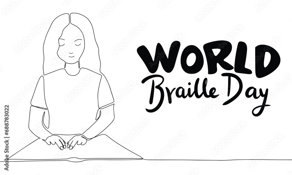World Braille Day. Handwriting text and blind woman read braille text. Hand drawn vector art.