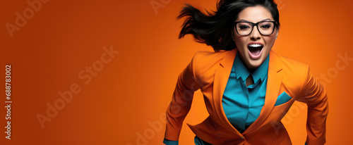 stylish businesswoman in a suit and glasses running to success, orange banner with copy space