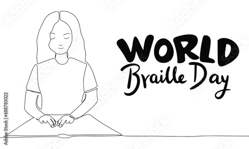 World Braille Day. Handwriting text and blind woman read braille text. Hand drawn vector art.