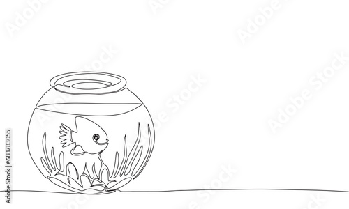 One line continuous aquarium with fish. Line art aquarium with fish outline. Hand drawn vector art