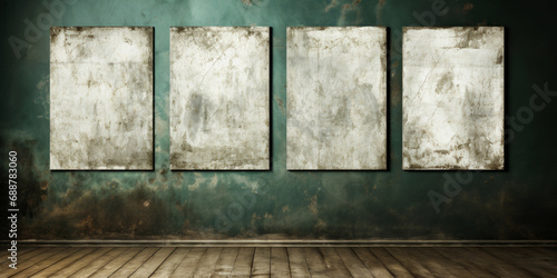 Old vintage gallery, exhibition wall mockup, on old worn green wall and wooden floor photo