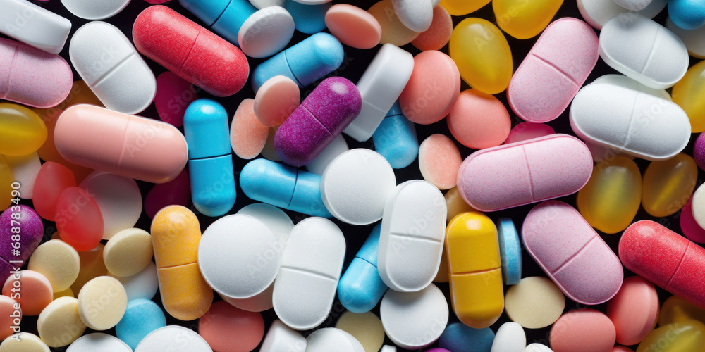 Many pills, colorful medications or drugs, background