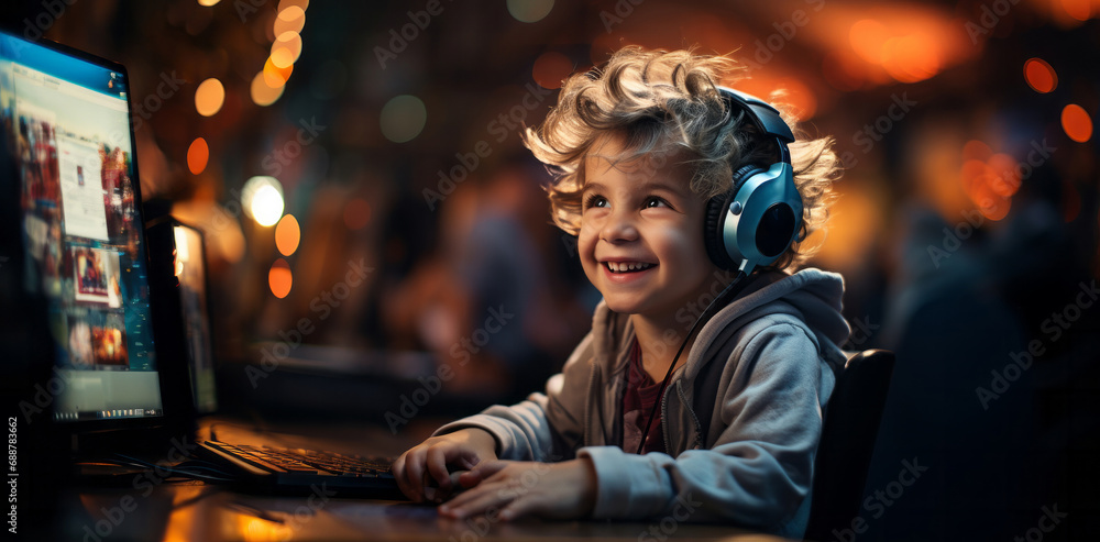 Boy playing  computer game with headphones.