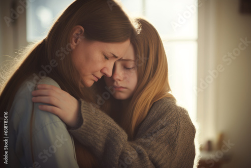 AI Generated Image of Sad teenage blonde girl with closed eyes hugging her mother while standing at home photo