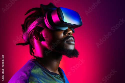 AI generated image of side view of Stylish African American man with dreadlocks wearing Virtual Reality headset with glowing neon light on a pink background photo
