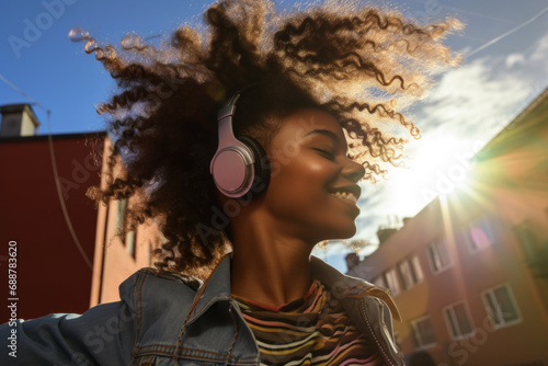 AI Generated Image of side view of Modern African American teenage girl with curly hair wearing headphones and listening to music while dancing with closed eyes on a city street photo
