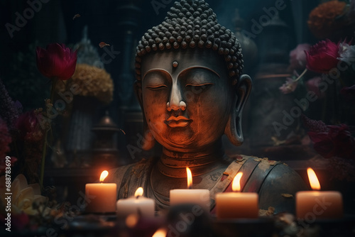 Generative AI image of Buddha Statue with Glowing Candles
