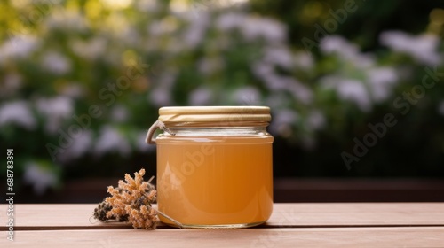 jar of honey with blank front realistic on a mockup template in a wooden table in a summer garden with bee,