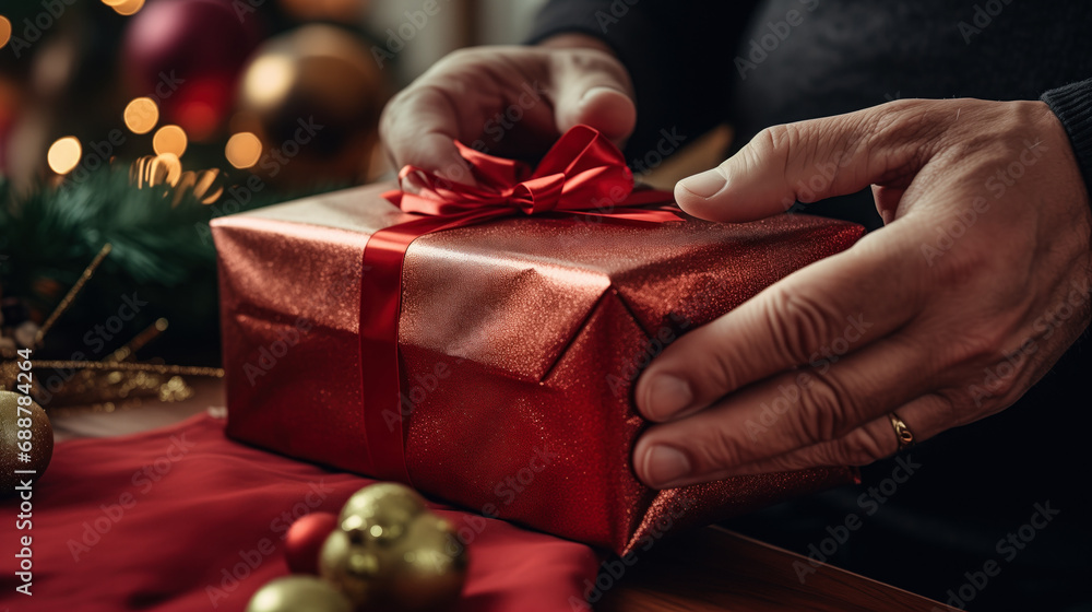 an elderly man opens a Christmas present (holding in his hands)