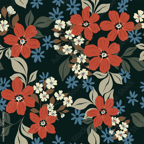 Seamless floral pattern, decorative ditsy print in vintage motif. Beautiful botanical design in winter colors: small, large hand drawn flowers, leaves, bouquets, dark background. Vector flower pattern