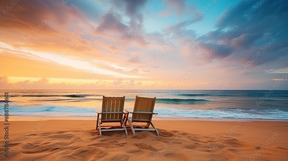 Two deck chairs for sunbathing on the beach, view at sunset. beautiful colorful sunset Two deck chairs for sunbathing on the beach, view at sunset. beautiful colorful sunset