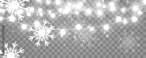 Vector illustration of a light garland on a transparent background.Snowflakes and snow.   