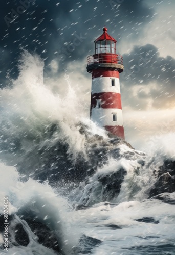 lighthouse in snowy storm,