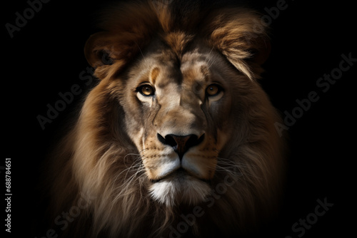 Regal Majesty: Male Lion's Intense Portrait in the Shadows © Generated Creations