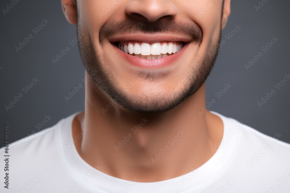 Obraz premium Young man with smile on gray background. Teeth whitening or dentistry concept