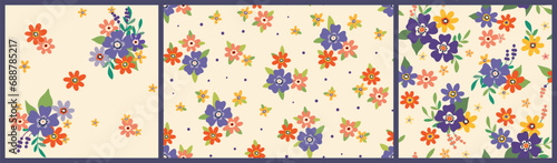 Seamless floral pattern, liberty ditsy print with cute summer, spring botany in retro motif. Collection of pretty botanical design: small hand drawn flowers, leaves, tiny simple bouquets. Vector.