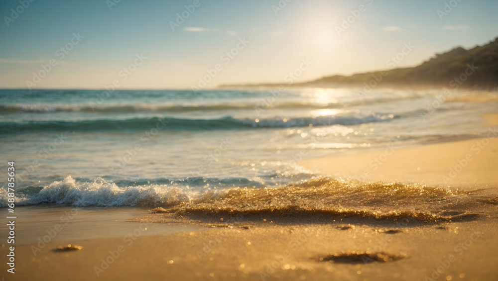 A picturesque beachscape featuring golden sand merging into the cerulean ocean, complemented by a defocused background that captures the glistening sunlight, creating a serene summer ambiance.
