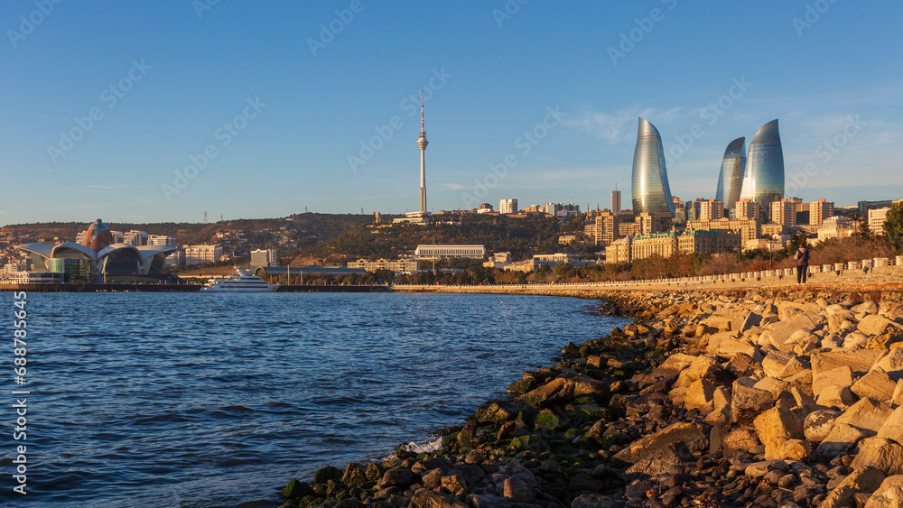 Panoramic view from seaside of Baku city, the capital of Azerbaijan