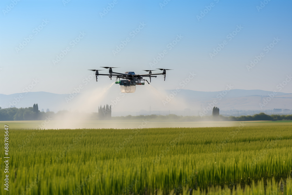 Drone sprayer flies over the agricultural field. Smart farming and precision agriculture	 - obrazy, fototapety, plakaty 