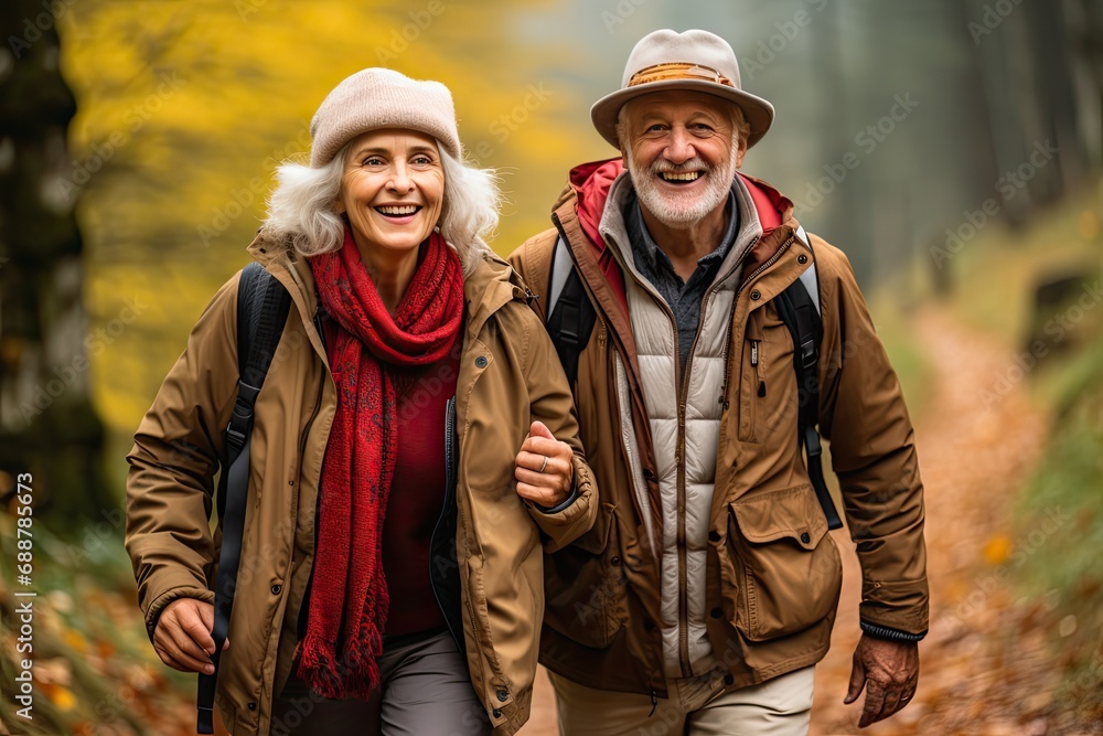 a senior couple hiking together on a trail