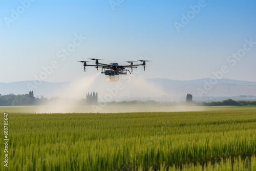Drone sprayer flies over the agricultural field. Smart farming and precision agriculture	 photo