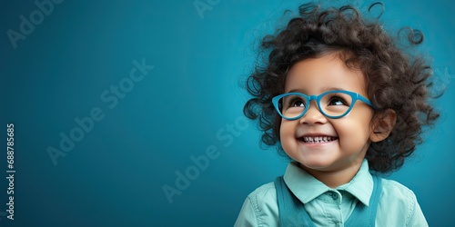 a small child wearing glasses in front of a blue wall