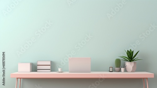 A minimalist office desk with a sleek, modern design, providing ample copy space for advertising text on a solid, soft-hued background.