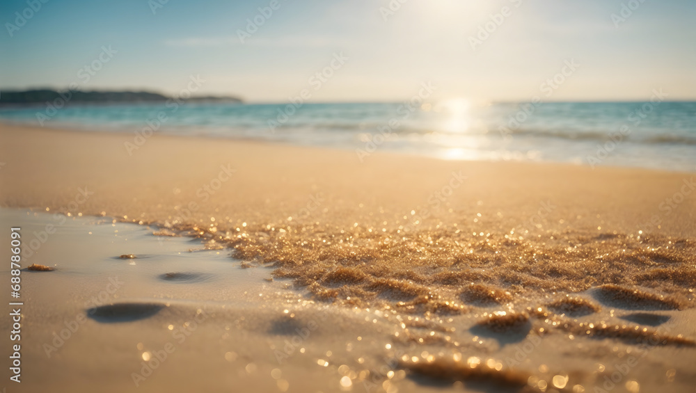 A serene beach scene with soft, golden sands meeting the tranquil blue sea, captured against a defocused background with the sun's glittering reflections, perfect for a calming summer backdrop.