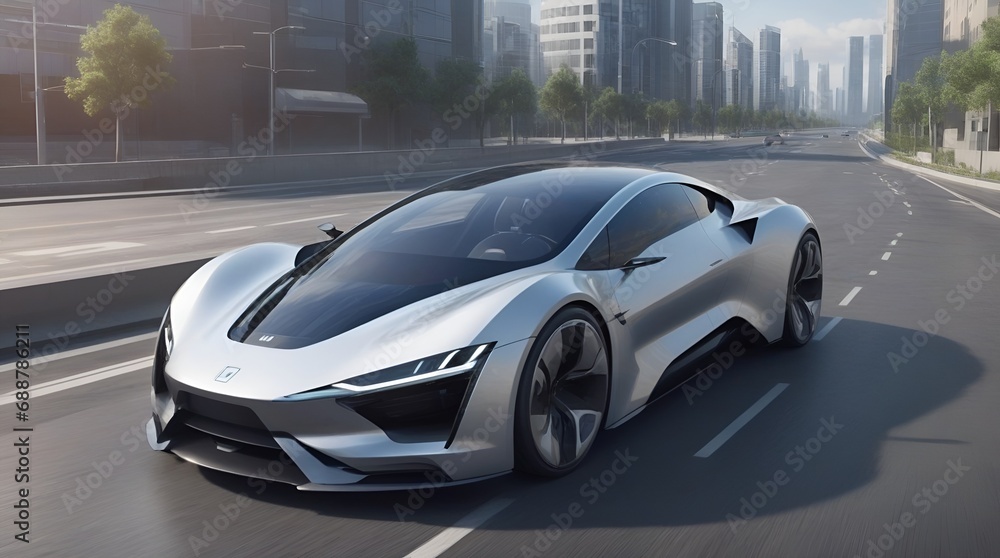 futuristic electric sports car driving in city highway with full self driving system parked at battery charging station network infrastructure wide banner hud datum with copy space area