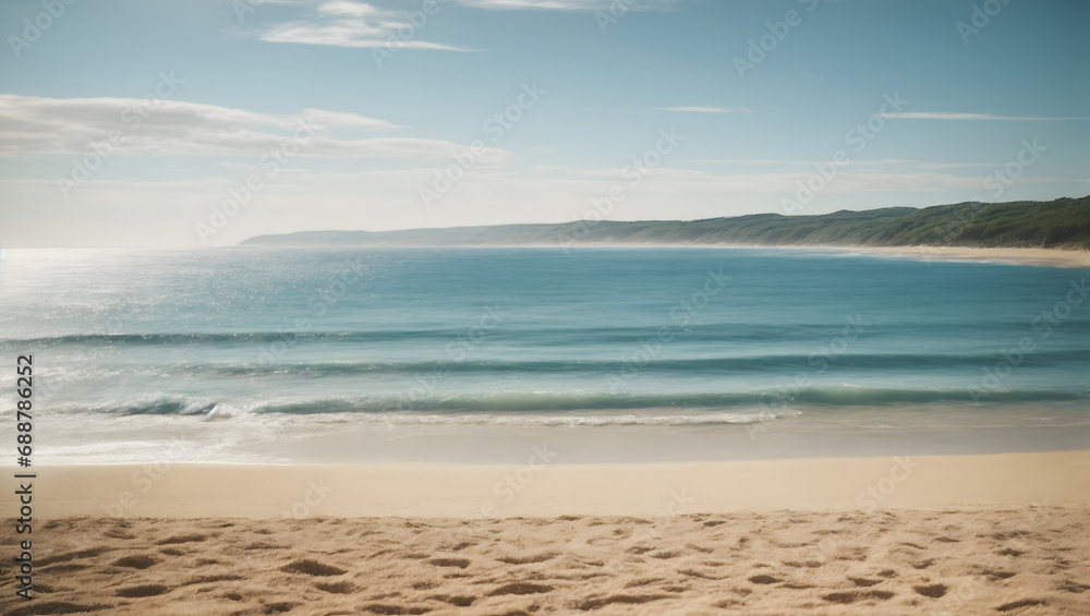 Soft, sandy shorelines meeting the shimmering blue sea, set against a defocused backdrop that showcases the sunlight's glimmers, offering a relaxing and scenic summer scene.